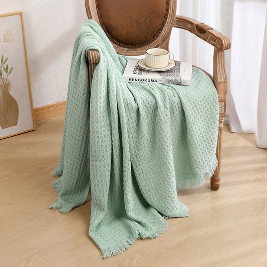 130*230cm Cyan Nordic Solid Color Knitted Sofa Throw Blanket with Tassels - Waffle Weave Polyester Decorative