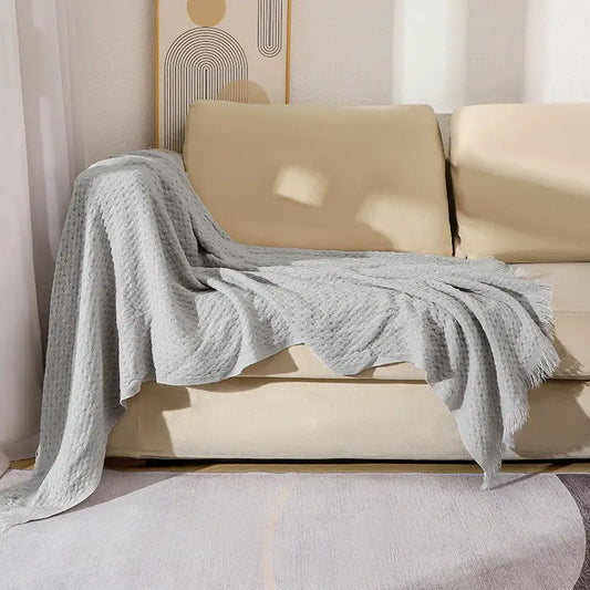 130*230cm Grey Nordic Solid Color Knitted Sofa Throw Blanket with Tassels - Waffle Weave Polyester Decorative