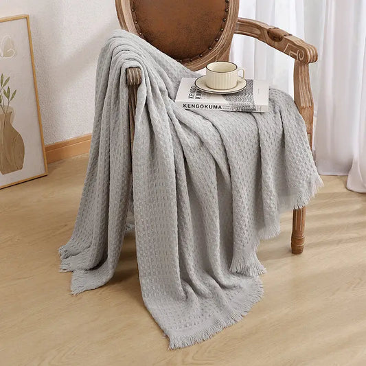 130*230cm Grey Nordic Solid Color Knitted Sofa Throw Blanket with Tassels - Waffle Weave Polyester Decorative