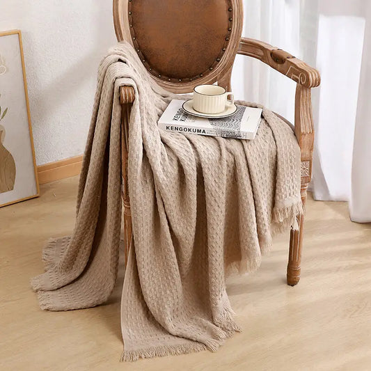 130*230cm Khaki Nordic Solid Color Knitted Sofa Throw Blanket with Tassels - Waffle Weave Polyester Decorative