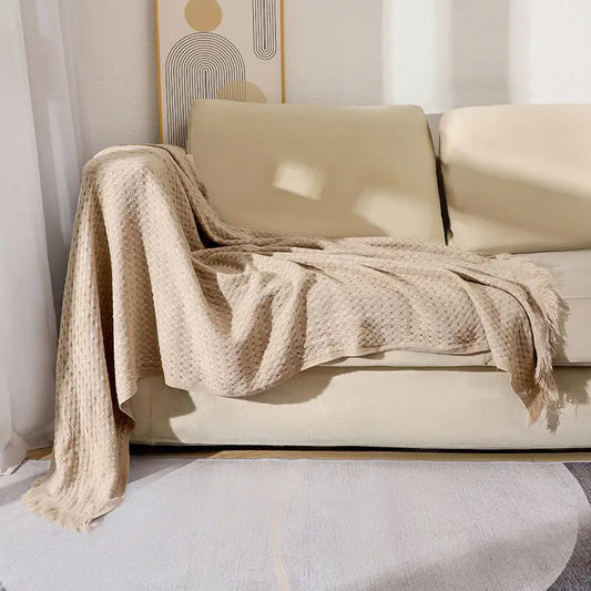 130*230cm Khaki Nordic Solid Color Knitted Sofa Throw Blanket with Tassels - Waffle Weave Polyester Decorative