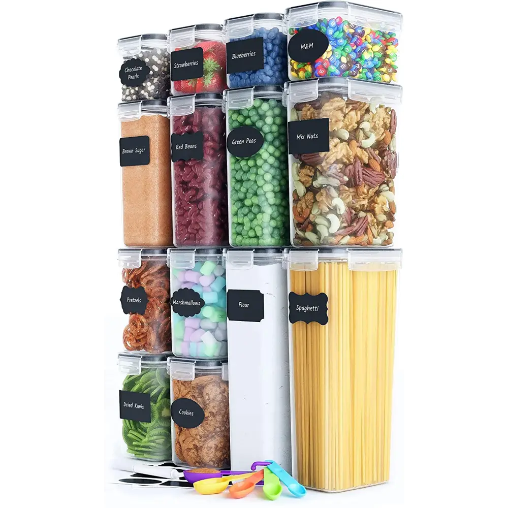 14 Pieces Airtight Food Storage and Bpa Free Plastic with Easy Lock Black Lids Labels for Kitchen | Clear Plastic Food