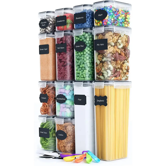 14 Pieces Airtight Food Storage and Bpa Free Plastic with Easy Lock Black Lids Labels for Kitchen | Clear Plastic Food