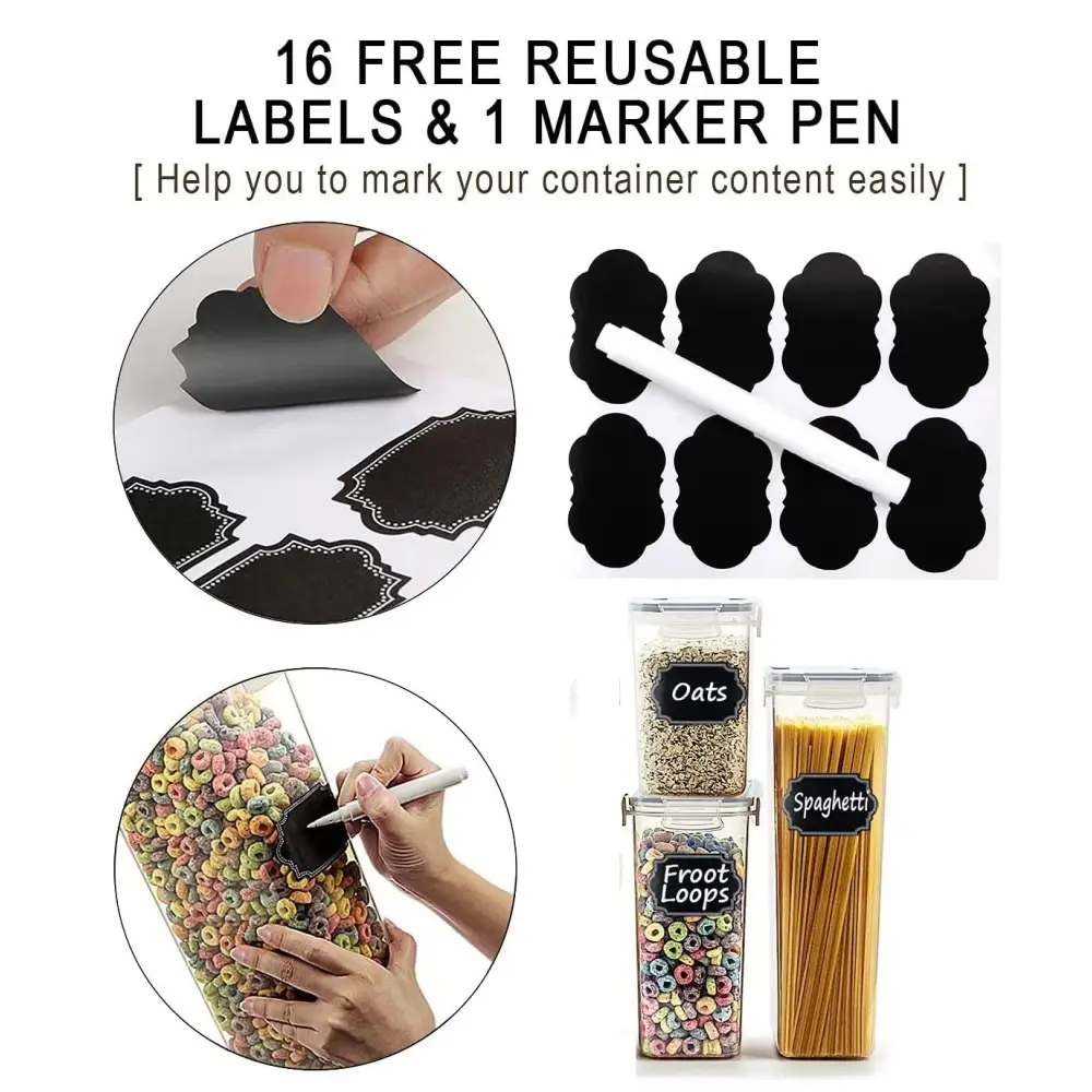 14 Pieces Airtight Food Storage and Bpa Free Plastic with Easy Lock Black Lids Labels for Kitchen | Set 16 Black