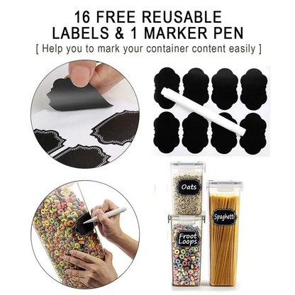 14 Pieces Airtight Food Storage and Bpa Free Plastic with Easy Lock Black Lids Labels for Kitchen | Set 16 Black