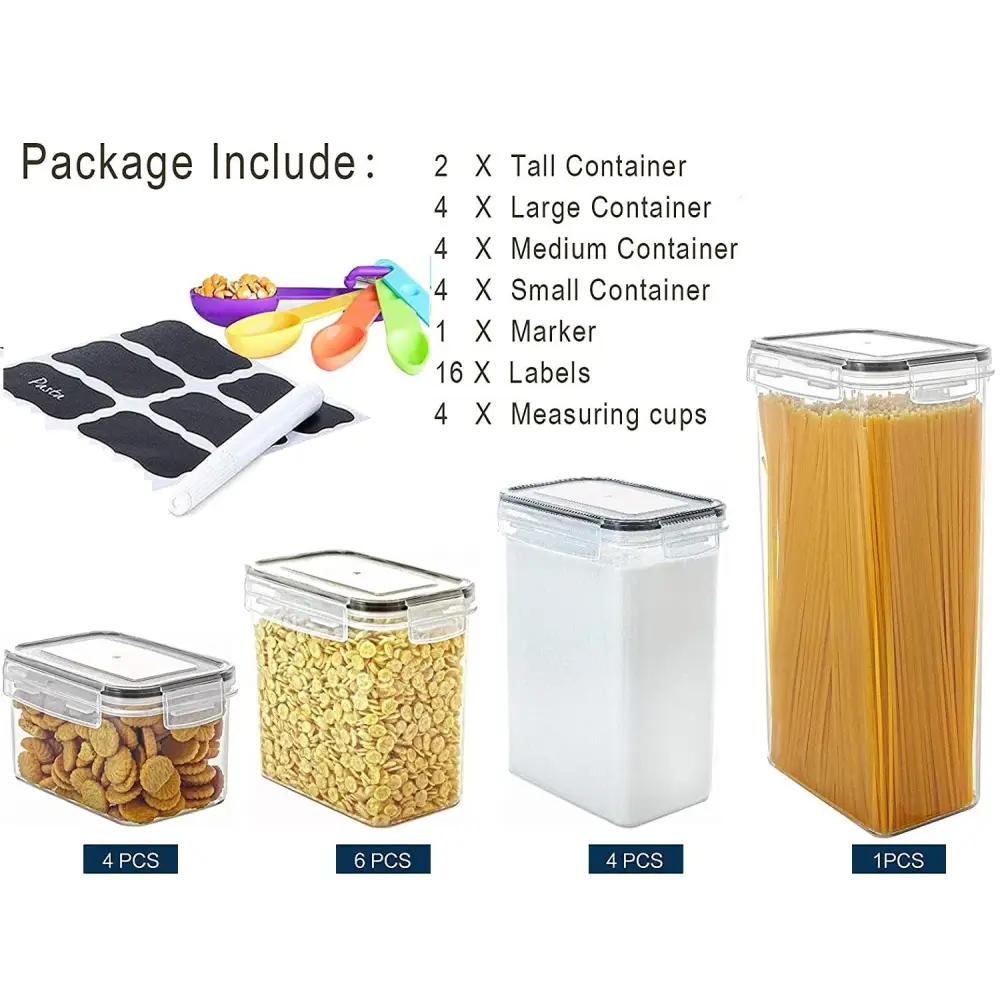 14 Pieces Airtight Food Storage and Bpa Free Plastic with Easy Lock Black Lids Labels for Kitchen | Clear Plastic Food