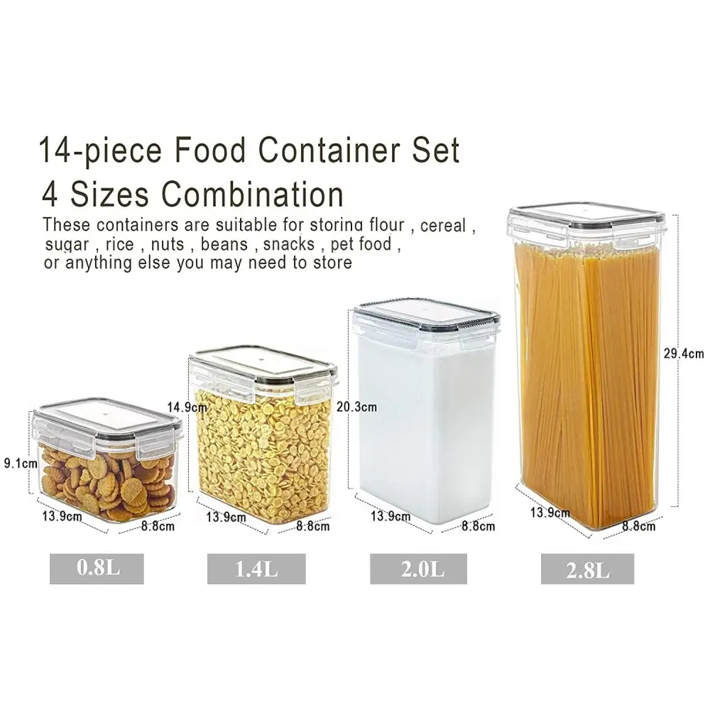 14 Pieces Airtight Food Storage and Bpa Free Plastic with Easy Lock Black Lids Labels for Kitchen | Clear Plastic Food