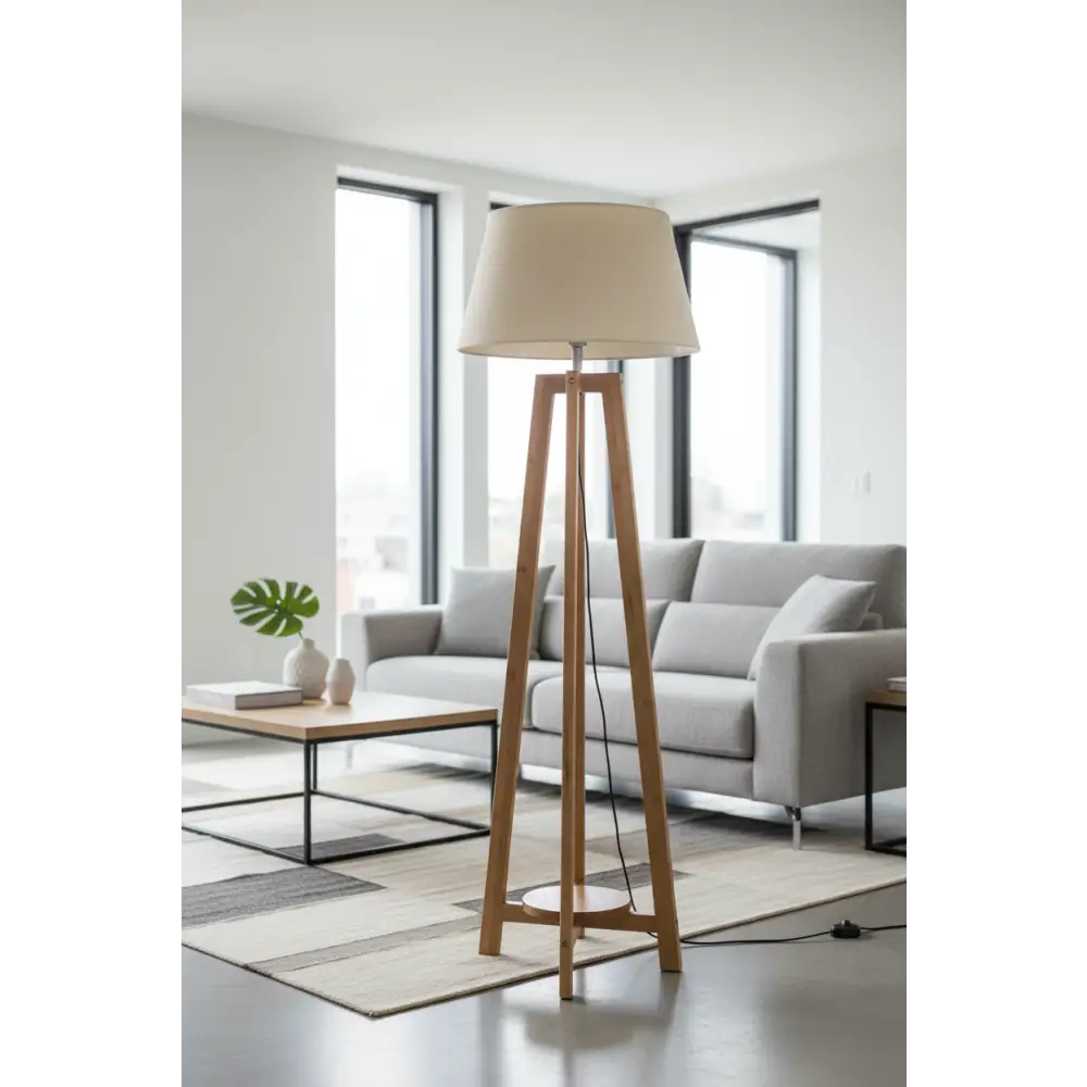 155cm Large Bamboo Wooden Tripod Floor Lamp w Beige Linen Light Shade