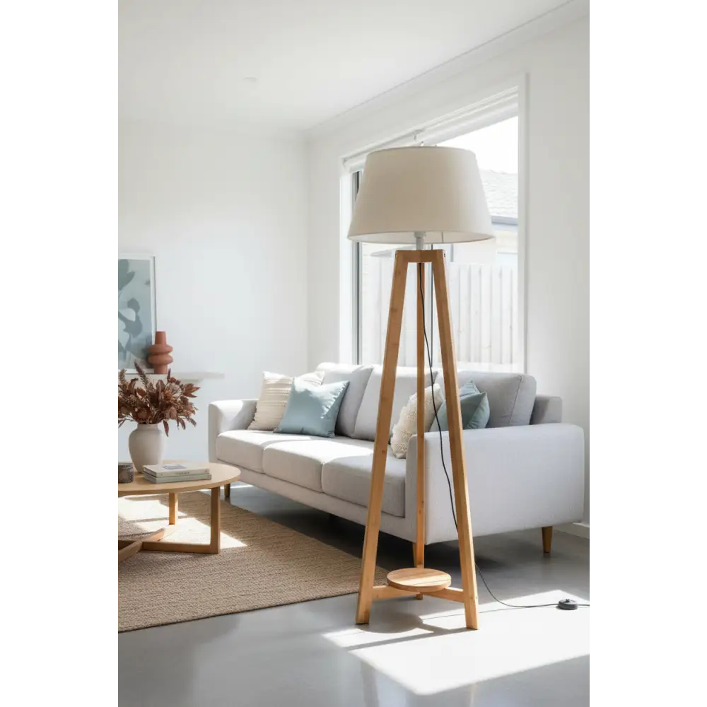 155cm Large Bamboo Wooden Tripod Floor Lamp w Beige Linen Light Shade