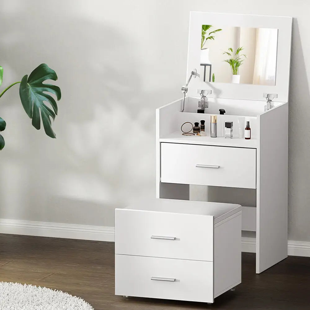 2-in-1 Dressing Table Stool Set Bedside White