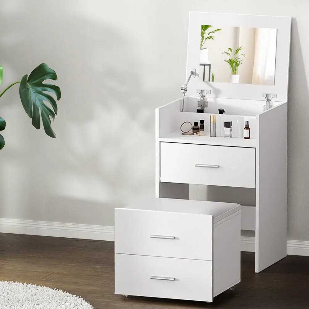 2-in-1 Dressing Table Stool Set Bedside White