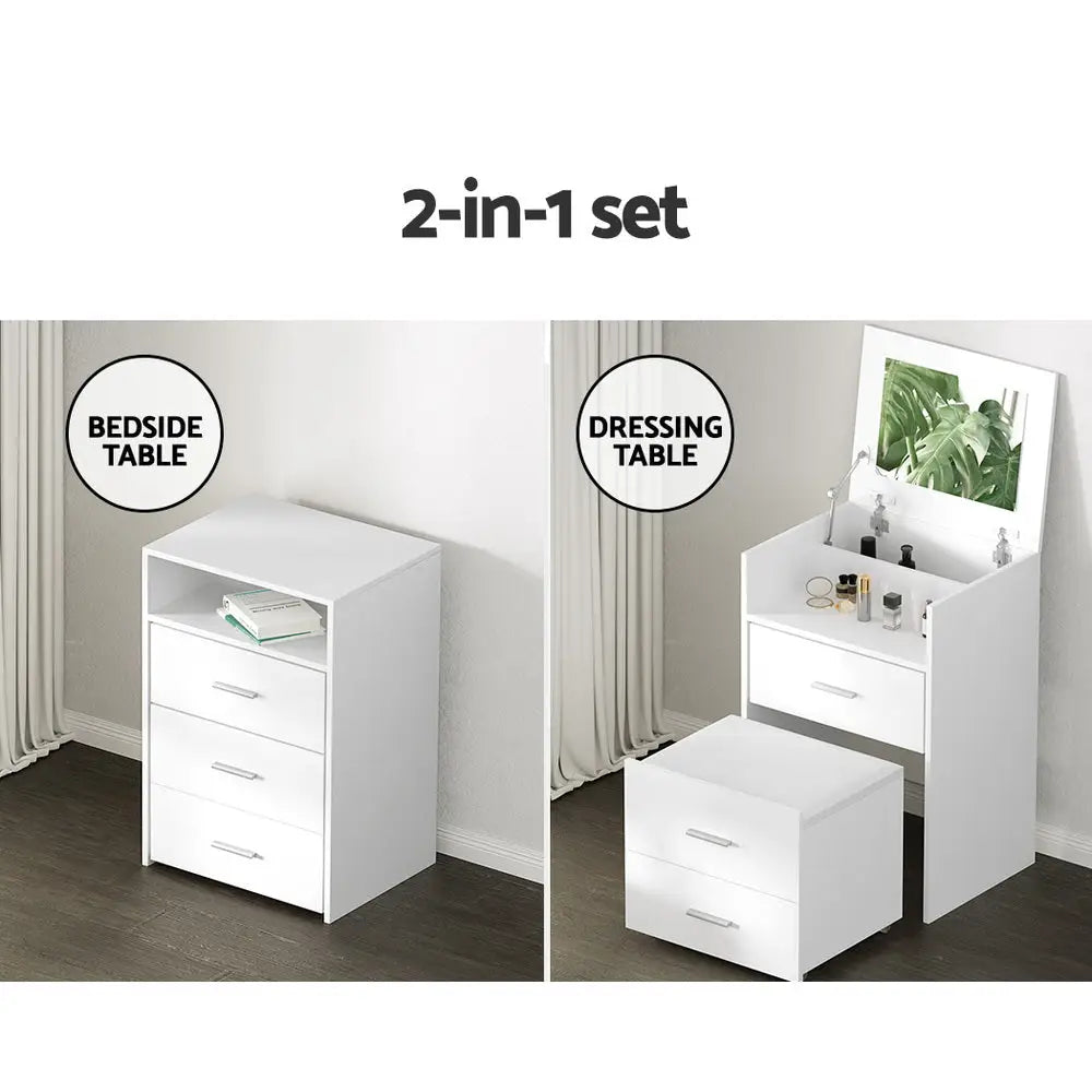 2-in-1 Dressing Table Stool Set Bedside White