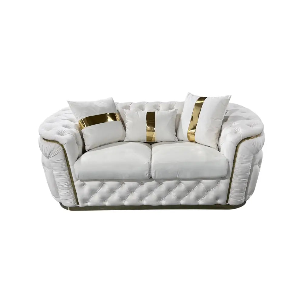2 Seater Sofa Beige Velvet Fabric Solid Wood Construction Gold Stainless Steel Trim