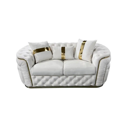 2 Seater Sofa Beige Velvet Fabric Solid Wood Construction Gold Stainless Steel Trim