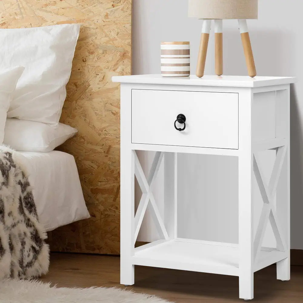 2 x Bedside Table 1 Drawer with Shelf - Emma White