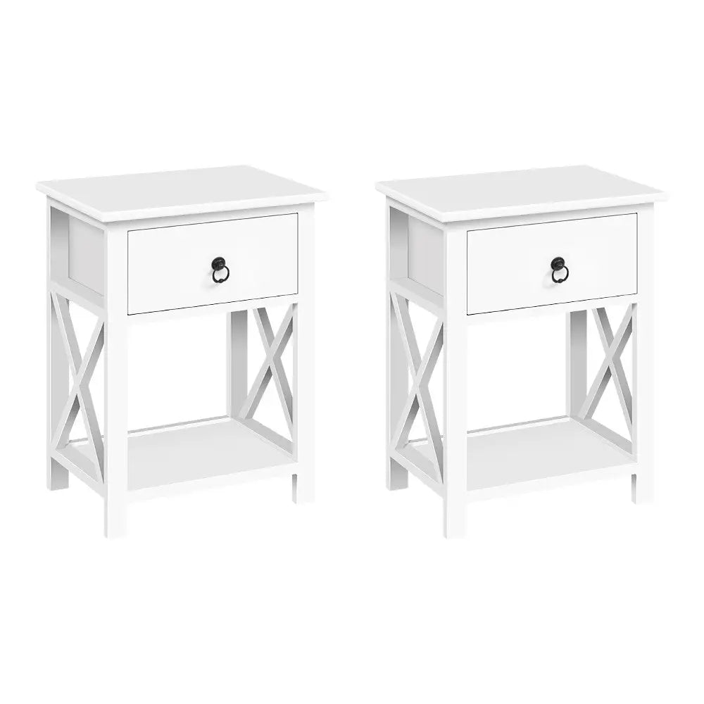 2 x Bedside Table 1 Drawer with Shelf - Emma White