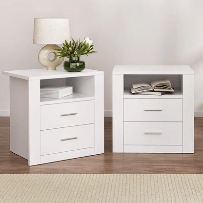2 x Bedside Table Drawers with Shelf - Tara White