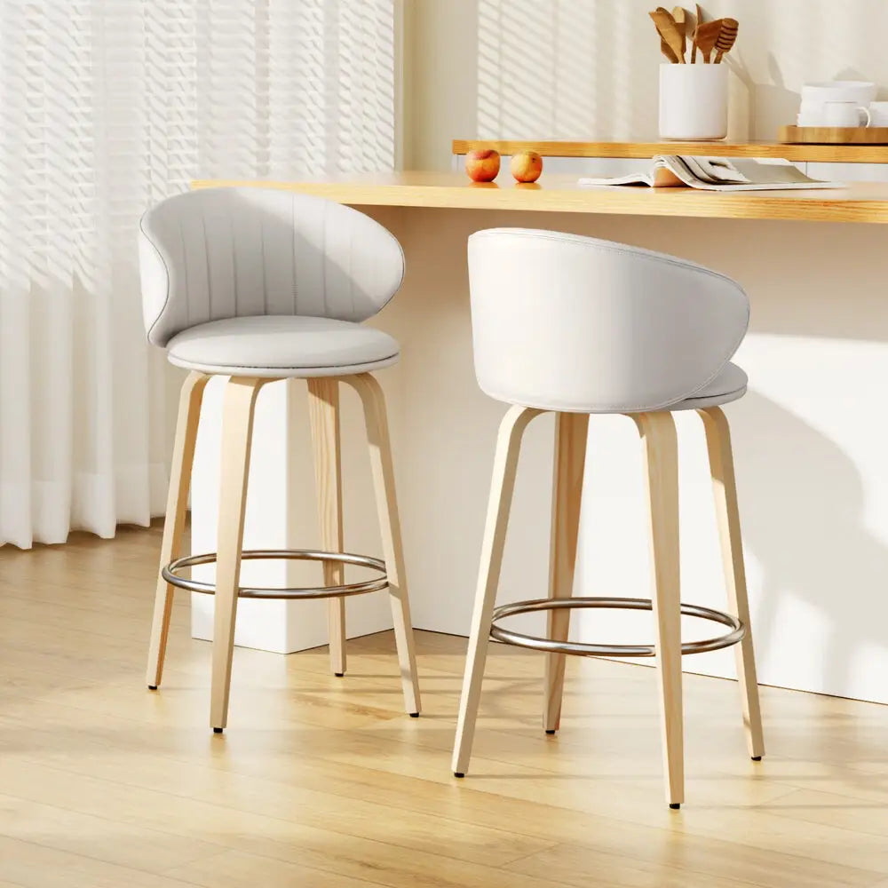 2x Bar Stools Dining Chairs Contoured Leather Wood Stool