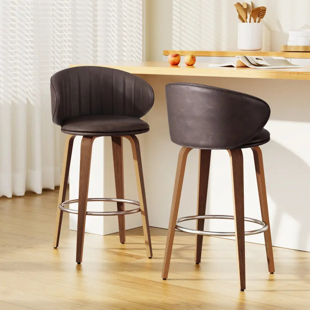 2x Bar Stools Dining Chairs Contoured Leather Wood Stool