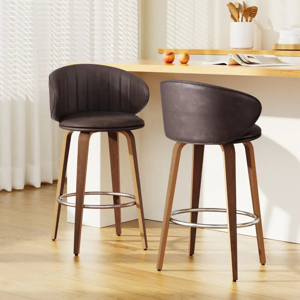 2x Bar Stools Dining Chairs Contoured Leather Wood Stool
