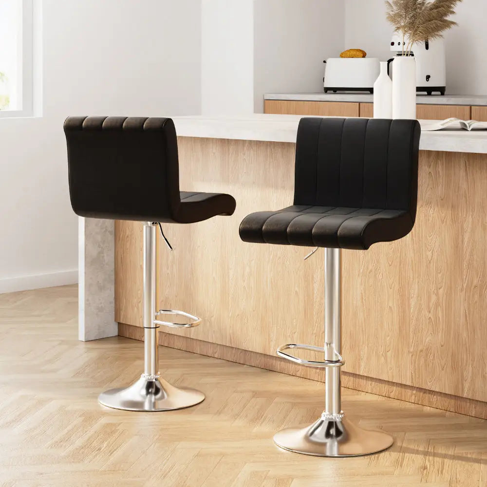 2x Bar Stools Gas Lift Leather Chairs Black
