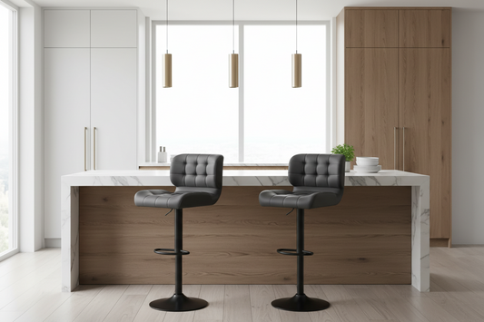 2x Bar Stools Gas Lift Leather Padded Grey