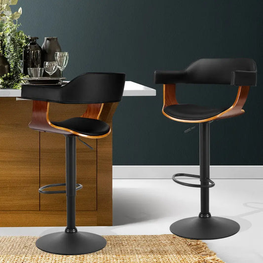 2x Bar Stools Gas Lift Leather W/armrest All Black