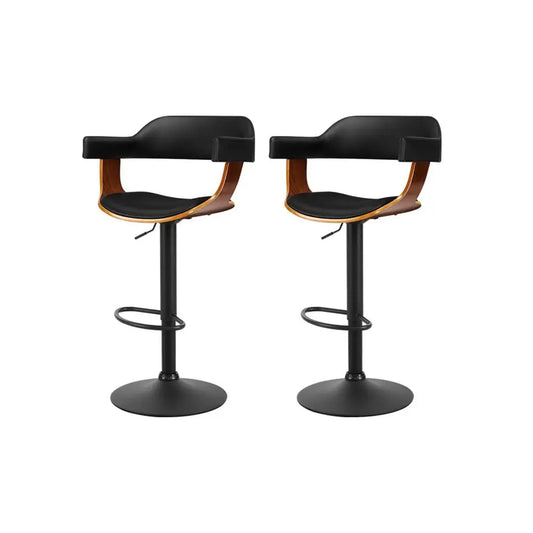 2x Bar Stools Gas Lift Leather W/armrest All Black