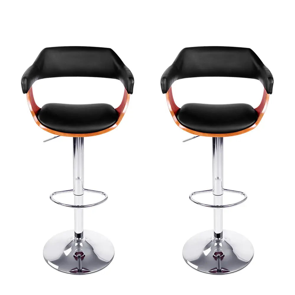 2x Bar Stools Gas Lift Leather W/armrest Black