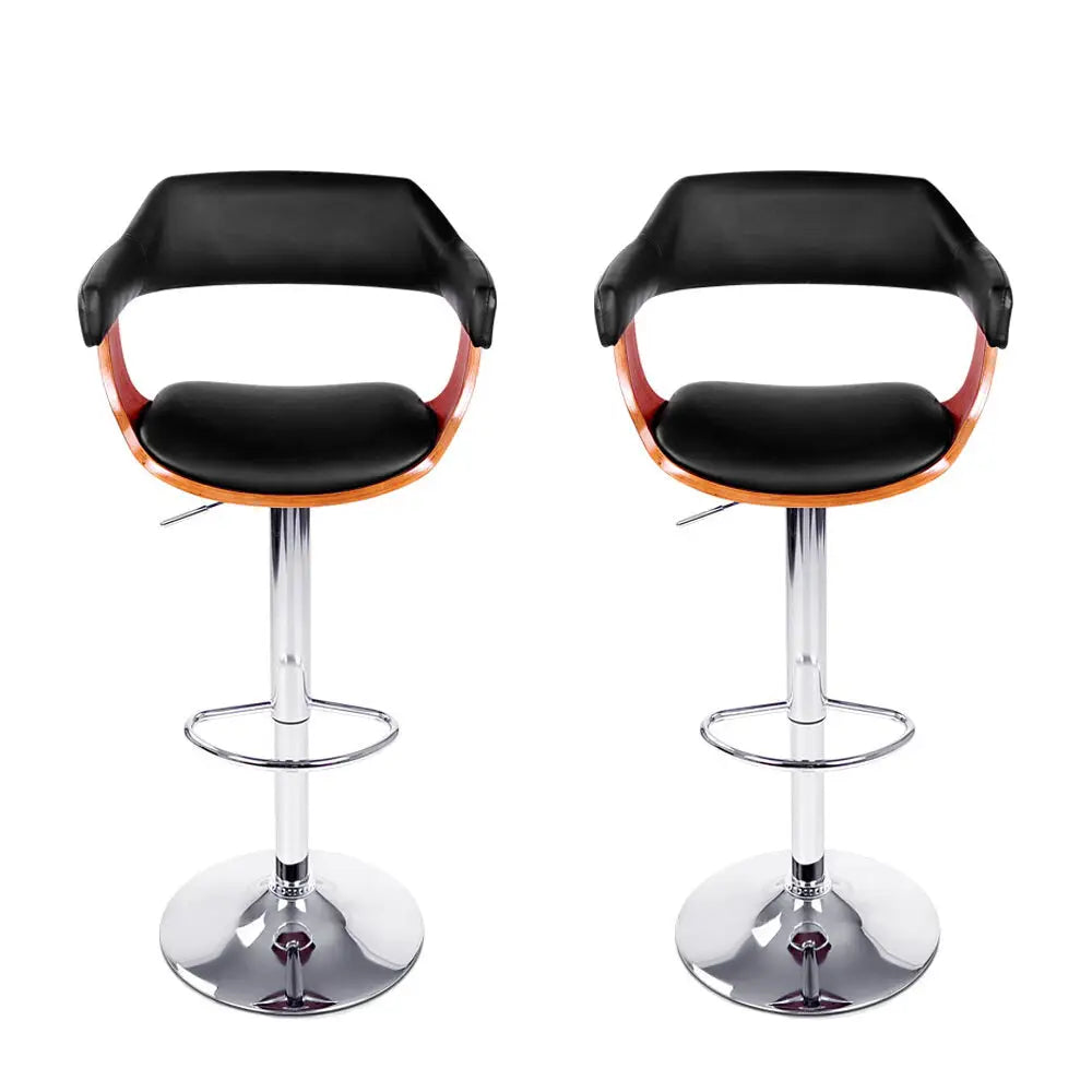 2x Bar Stools Gas Lift Leather W/armrest Black