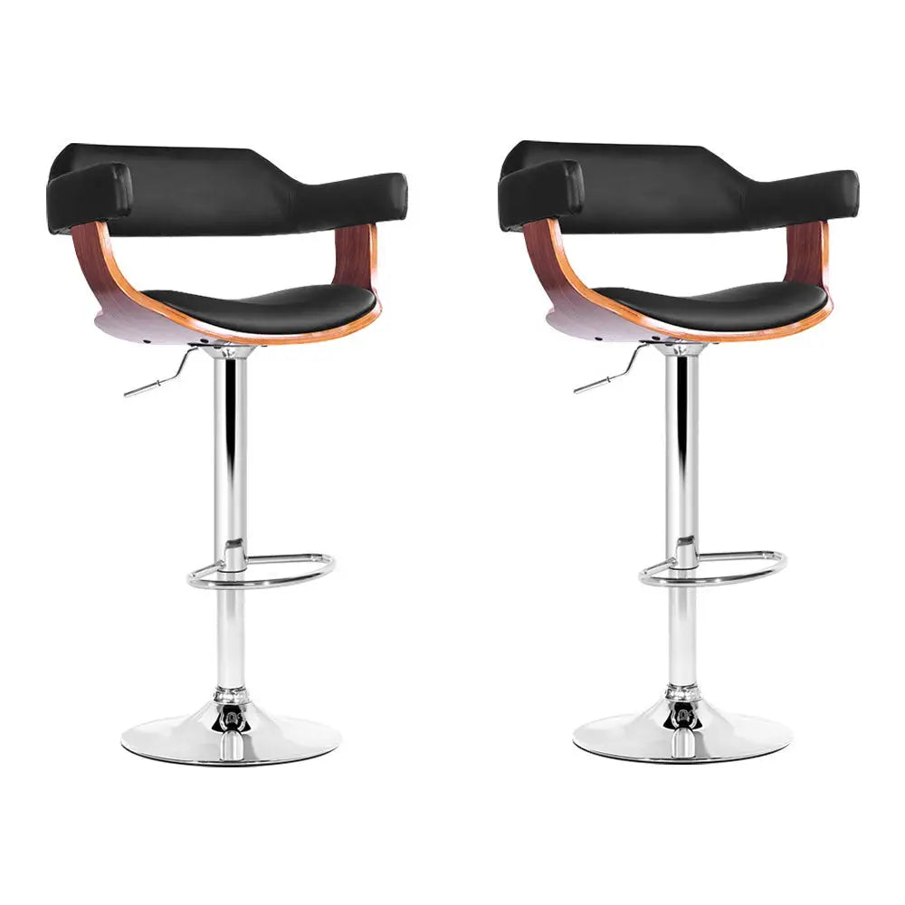 2x Bar Stools Gas Lift Leather W/armrest Black