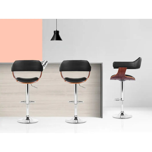 2x Bar Stools Gas Lift Leather W/armrest Black