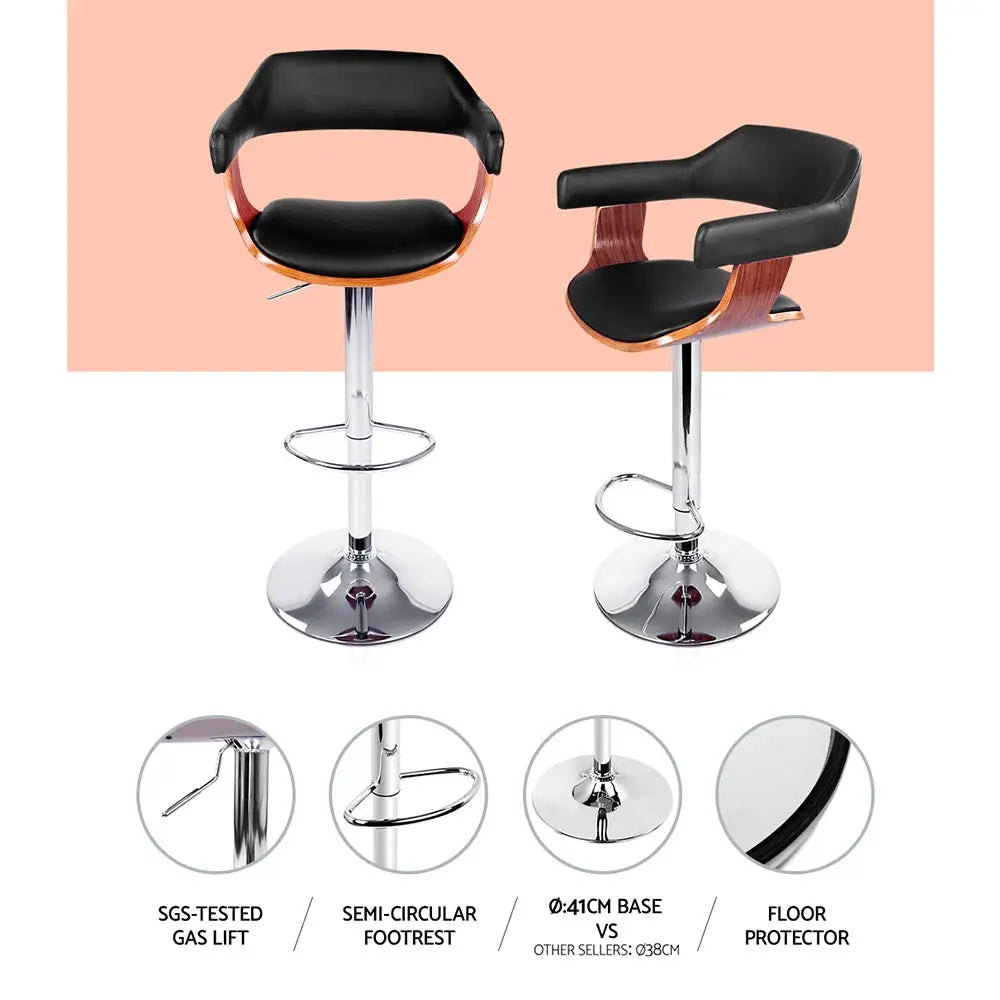 2x Bar Stools Gas Lift Leather W/armrest Black