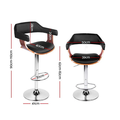 2x Bar Stools Gas Lift Leather W/armrest Black