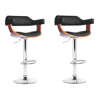2x Bar Stools Gas Lift Leather W/armrest Black