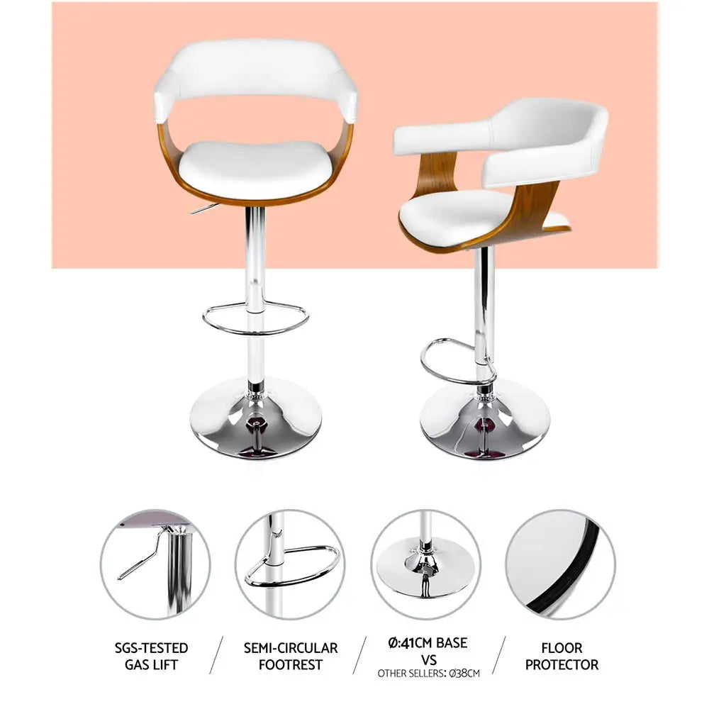 2x Bar Stools Gas Lift Leather W/armrest White