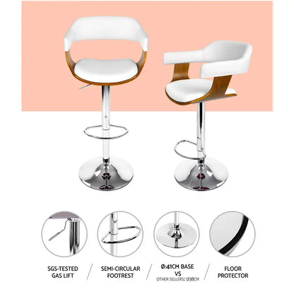 2x Bar Stools Gas Lift Leather W/armrest White