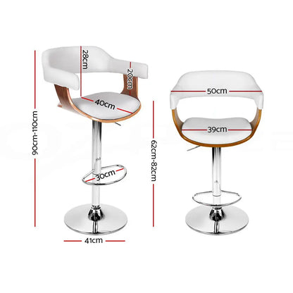 2x Bar Stools Gas Lift Leather W/armrest White