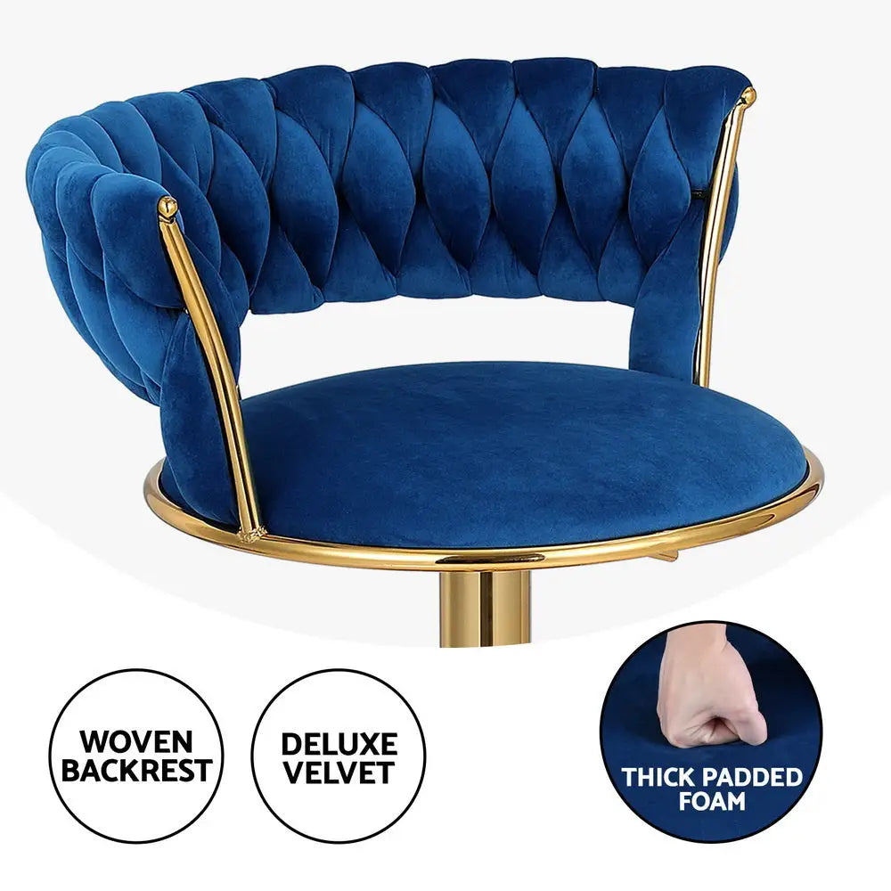 2x Bar Stools Gas Lift Velvet Woven Backrest Navy