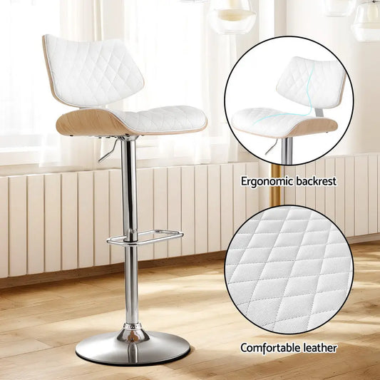 2x Bar Stools Kitchen Dining Chairs Gas Lift Stool Wooden Leather White