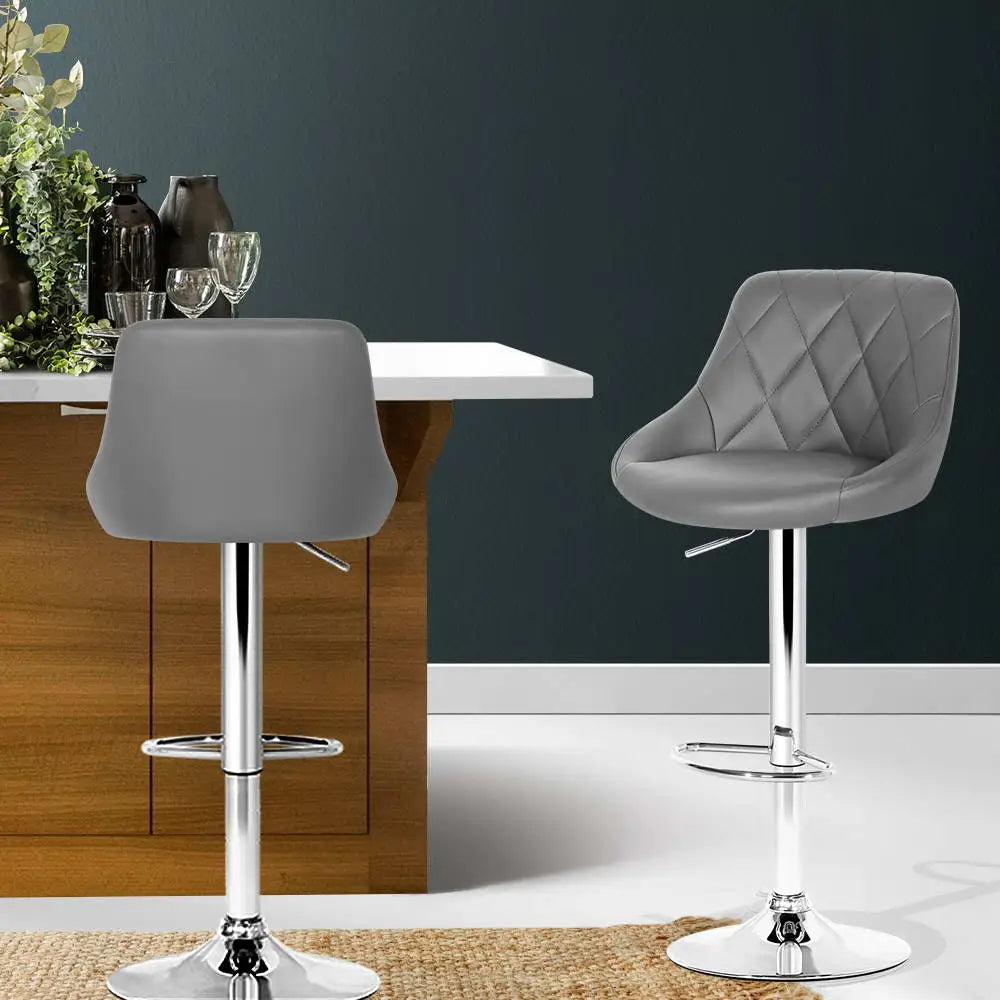 2x Bar Stools Leather Padded Gas Lift Grey