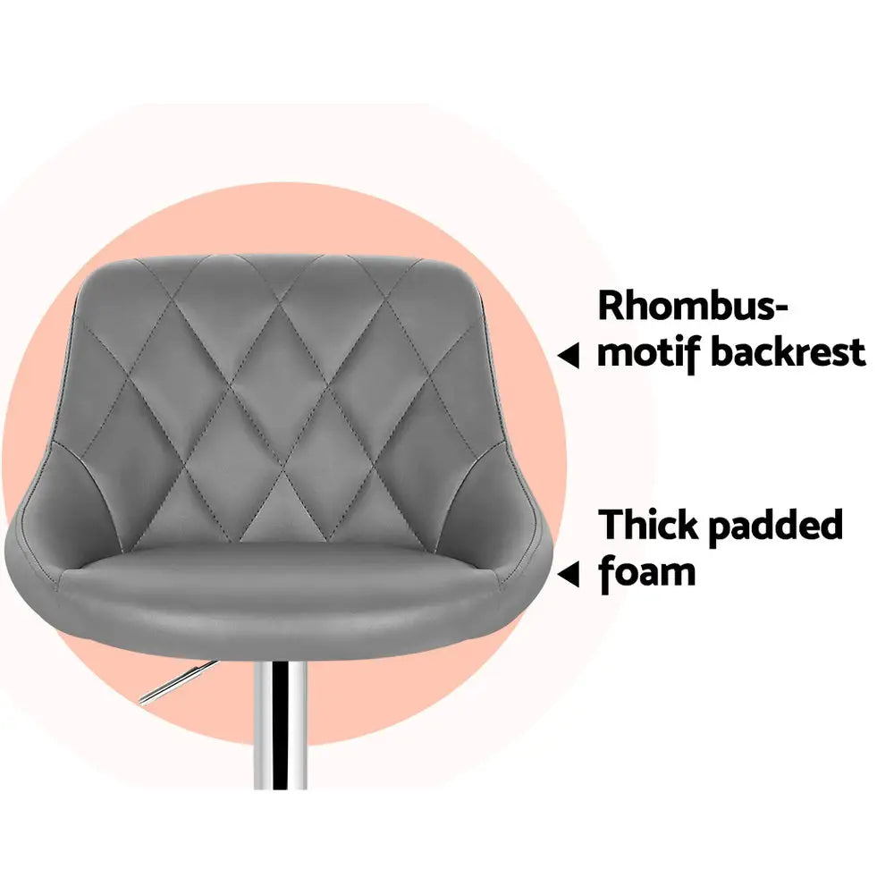 2x Bar Stools Leather Padded Gas Lift Grey