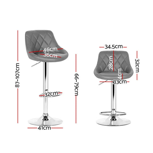 2x Bar Stools Leather Padded Gas Lift Grey