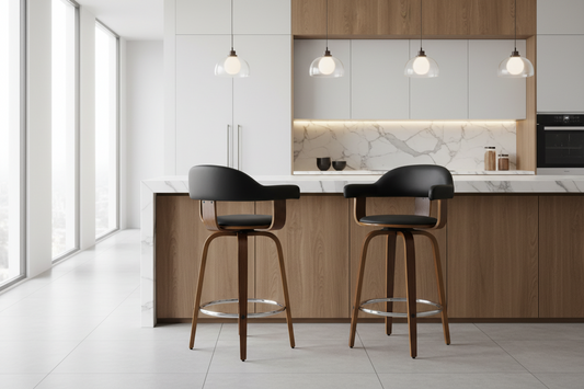 2x Bar Stools Leather Seat Wooden Legs
