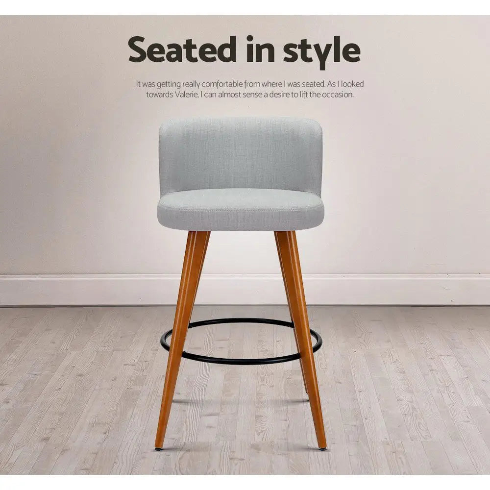 2x Bar Stools Linen Padded Wooden Grey