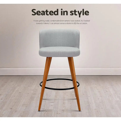 2x Bar Stools Linen Padded Wooden Grey