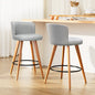 2 grey seat bar stools with wooden legs, padded seats with back rest and including round leg rest all around in modern kitchen with white walls and white cabinets