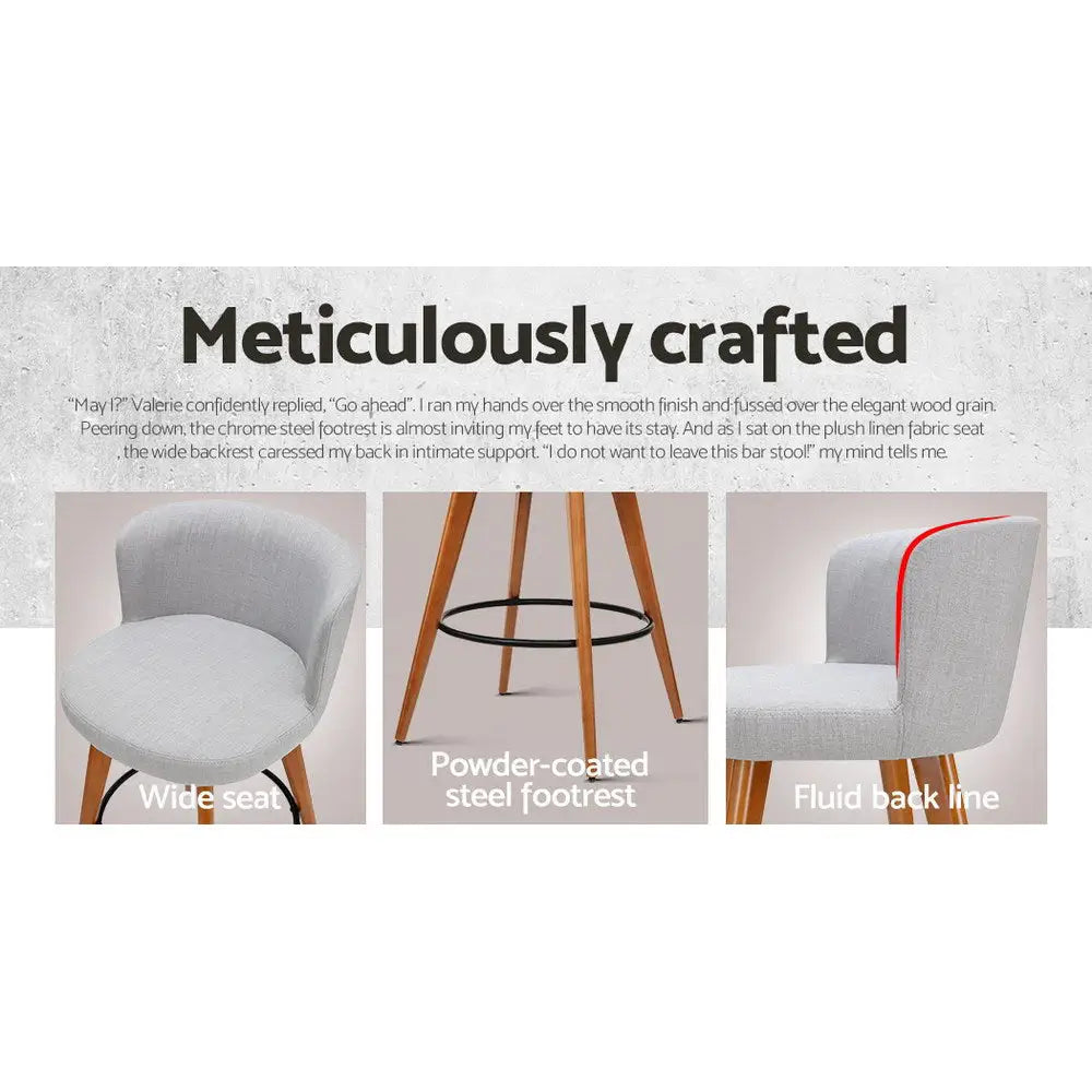 2x Bar Stools Linen Padded Wooden Grey