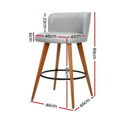2x Bar Stools Linen Padded Wooden Grey