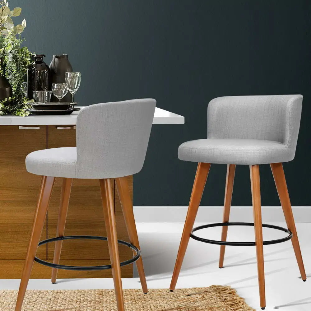 2x Bar Stools Linen Padded Wooden Grey